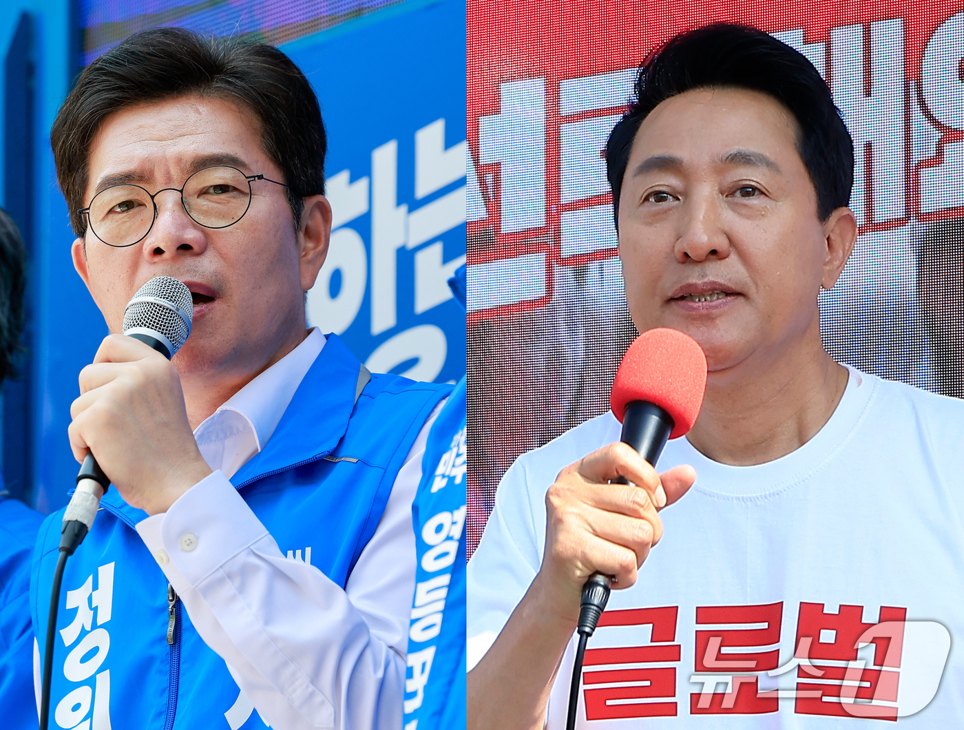 (서울=뉴스1) 안은나 박정호 기자 = 정원오 더불어민주당(왼쪽), 오세훈 국민의힘 서울시장 후보가 6·3지방선거를 하루 앞둔 2일 각각 서울 영등포구, 용산구 일대에서 시민들에게 …