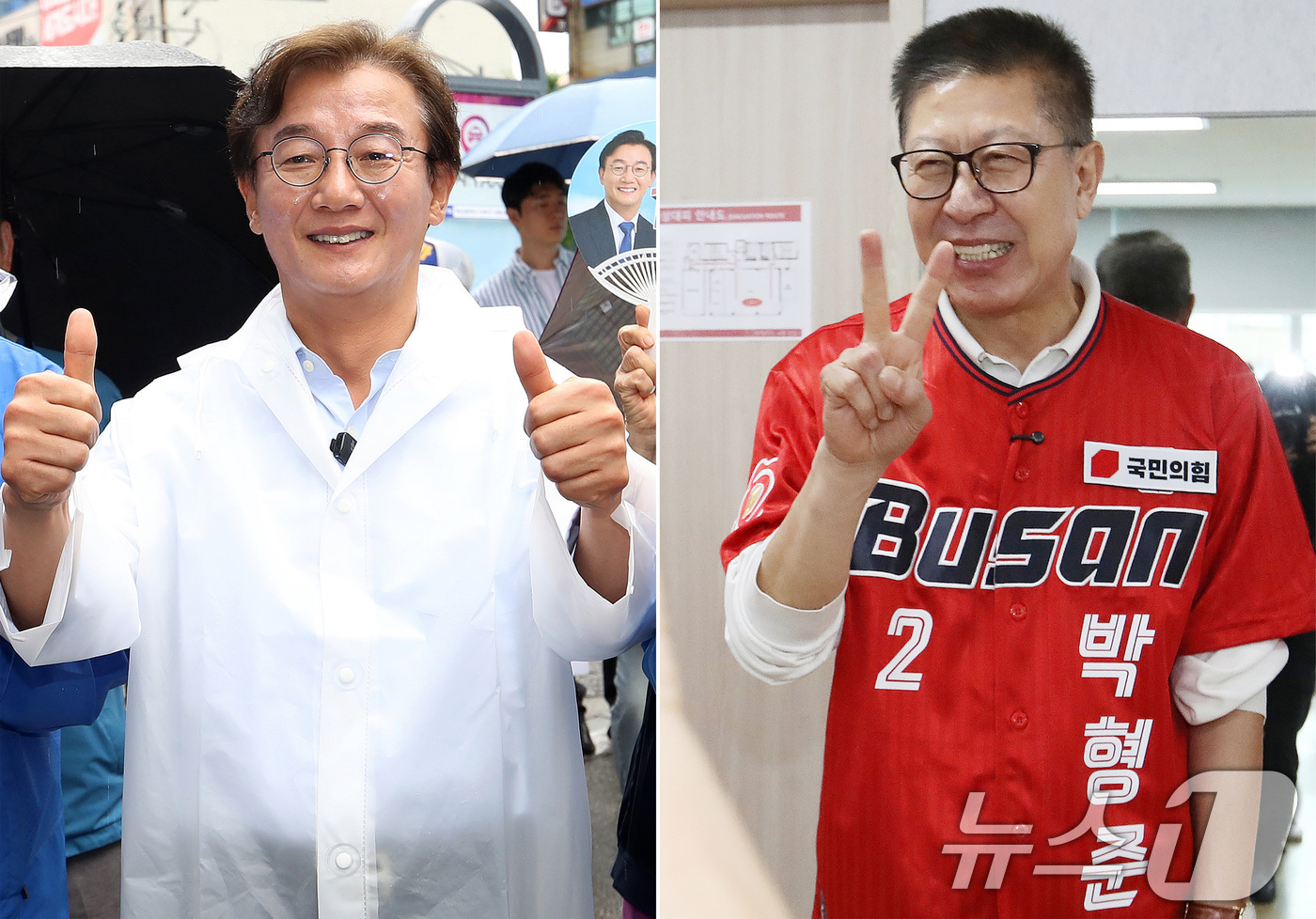 (부산=뉴스1) 윤일지 기자 = 전재수 더불어민주당 부산시장 후보(왼쪽)와 박형준 국민의힘 부산시장 후보가 제9회 전국동시지방선거 및 국회의원 재보궐선거를 하루 앞둔 2일 부산 사 …