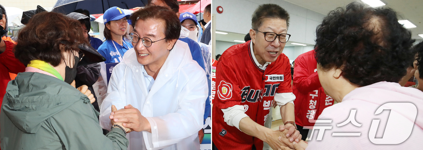 (부산=뉴스1) 윤일지 기자 = 전재수 더불어민주당 부산시장 후보(왼쪽)와 박형준 국민의힘 부산시장 후보가 제9회 전국동시지방선거 및 국회의원 재보궐선거를 하루 앞둔 2일 부산 사 …