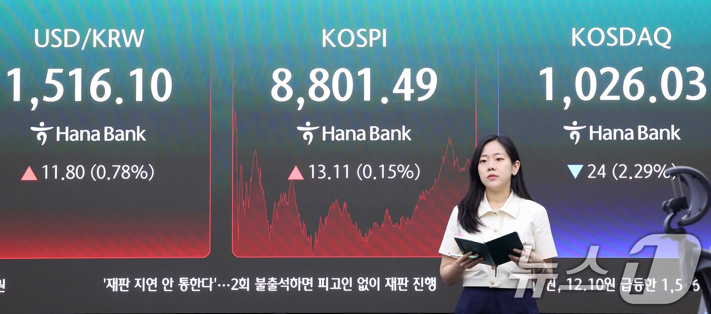 본문 이미지 - 코스피 지수가 8800선을 돌파하며 최고치를 경신한 2일 서울 중구 하나은행 본점 딜링룸 전광판에 종가가 나오고 있다. 2026.6.2 ⓒ 뉴스1 김성진 기자