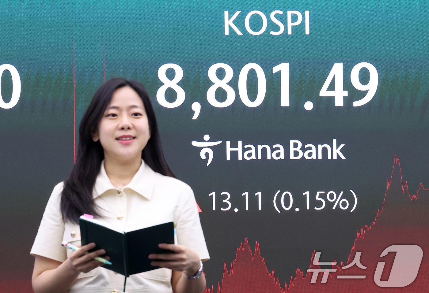(서울=뉴스1) 김성진 기자 = 코스피 지수가 8800선을 돌파하며 최고치를 경신한 2일 서울 중구 하나은행 본점 딜링룸 전광판에 종가가 나오고 있다.이날 코스피는 전일 종가와 비 …