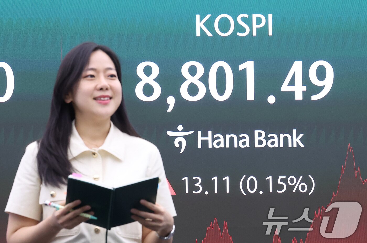 본문 이미지 - 코스피 지수가 8800선을 돌파하며 최고치를 경신한 2일 서울 중구 하나은행 본점 딜링룸 전광판에 종가가 나오고 있다. 2026.6.2 ⓒ 뉴스1 김성진 기자