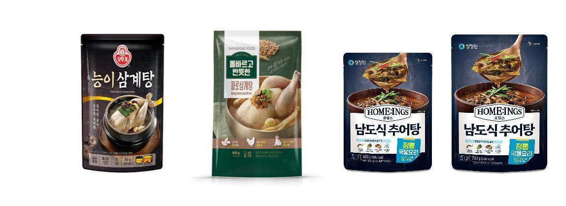 본문 이미지 - (왼쪽부터) 오뚜기 '능이 삼계탕', 신세계푸드 '파로 삼계탕', 대상 '남도식 추어탕.(각 사 제공)
