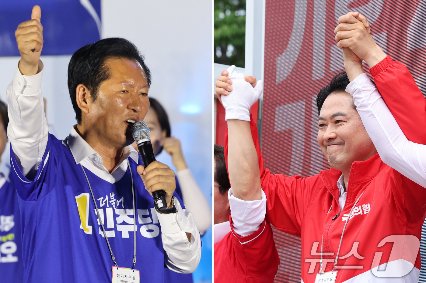 (서울=뉴스1) 신웅수 황기선 기자 = 정청래 더불어민주당 대표와 장동혁 국민의힘 대표가 2일 서울 청계광장과 충남 청양재래시장에서 각각 시민들에게 지지를 호소하고 있다. 2026 …