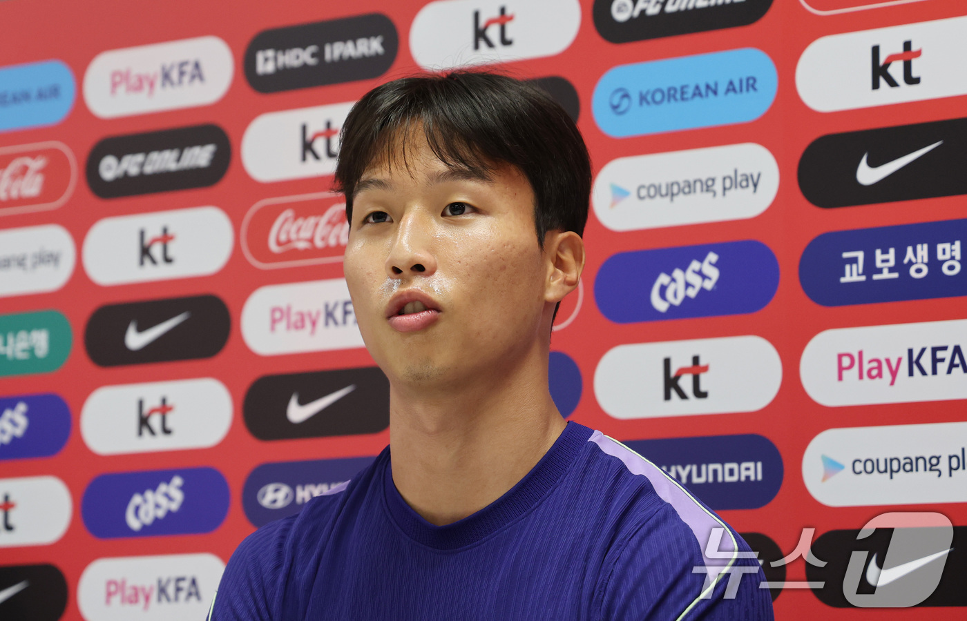 (과달라하라(멕시코)=뉴스1) 박지혜 기자 = 대한민국 축구국가대표팀 엄지성이 19일(현지시간) 멕시코 과달라하라 인근 대한민국 축구대표팀의 베이스캠프 훈련장인 사포판 치바스 바예 …