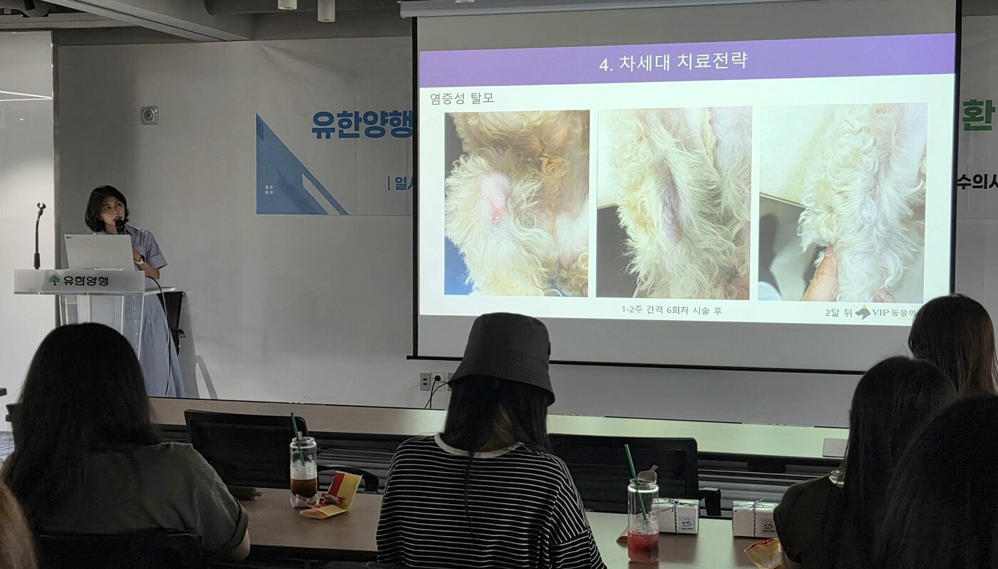 본문 이미지 - 진희정 과정이 슬개골 탈구 수술 부위 탈모 증상을 보인 반려견이 벳이즈 시술을 받은 후 개선된 사례를 소개하고 있다 ⓒ 뉴스1