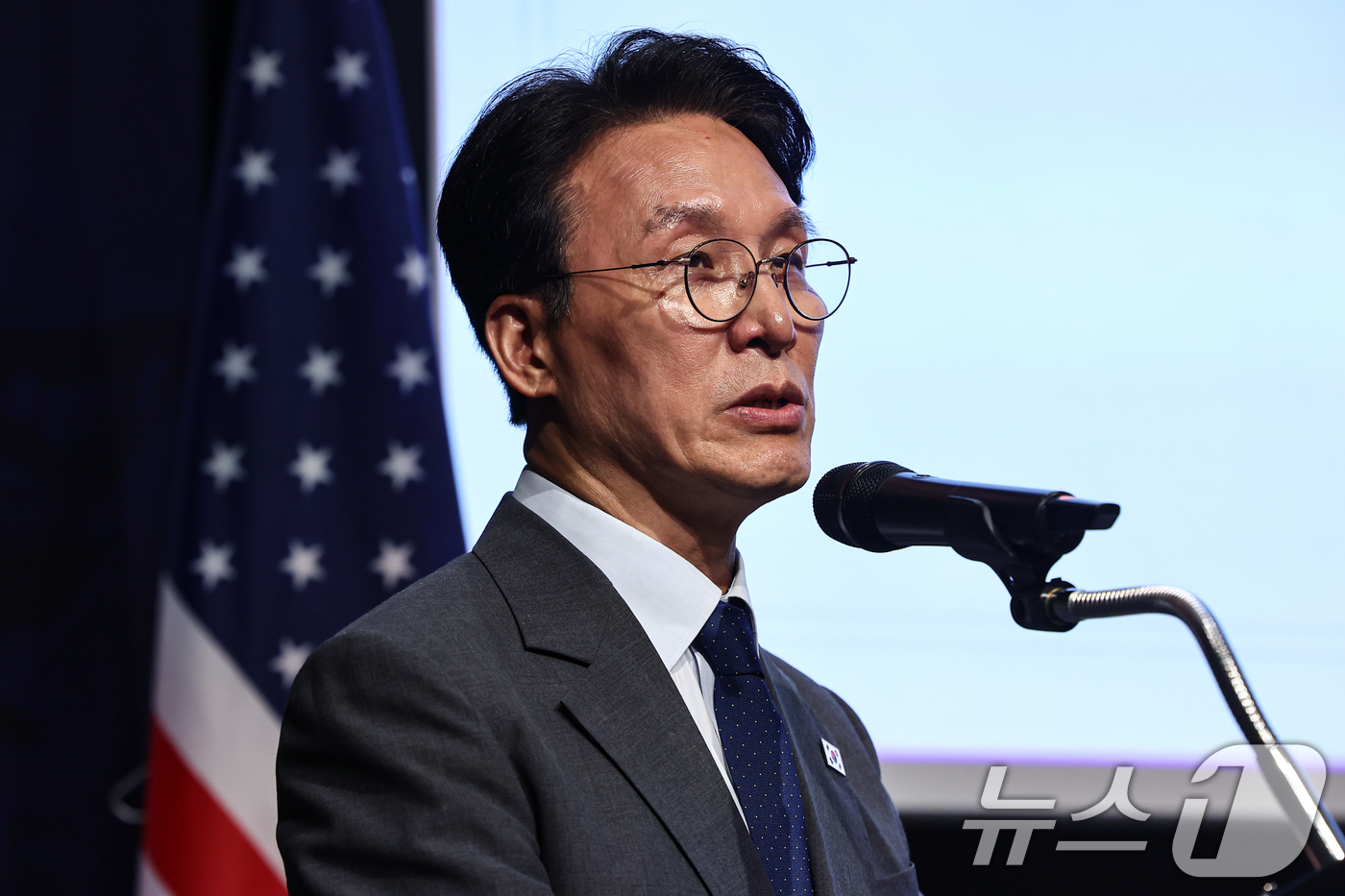 (서울=뉴스1) 김도우 기자 = 김민석 국무총리가 21일 서울 용산구 그랜드하얏트에서 열린 한미우호 평화 컨퍼런스에서 축사를 하고 있다. 2026.6.21/뉴스1