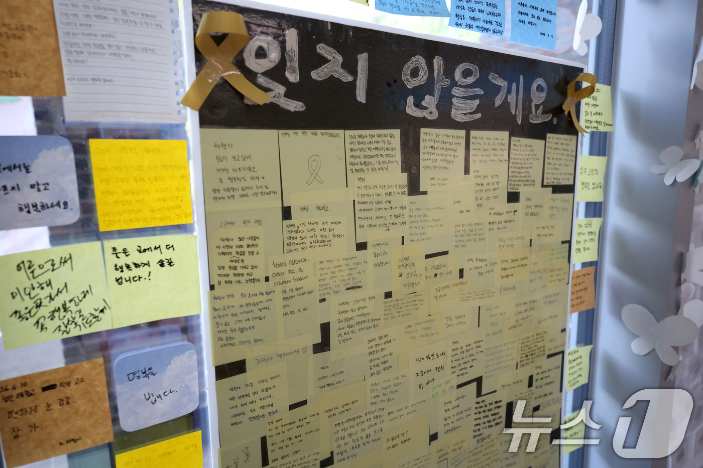 (광주=뉴스1) 이승현 기자 = 21일 광주 광산구 신창동 교육청 시민협치진흥원에 마련된 광주 여고생 흉기 사건 피해자 이채원 양의 기억공간에 추모 쪽지가 붙어 있다. 2026.6 …