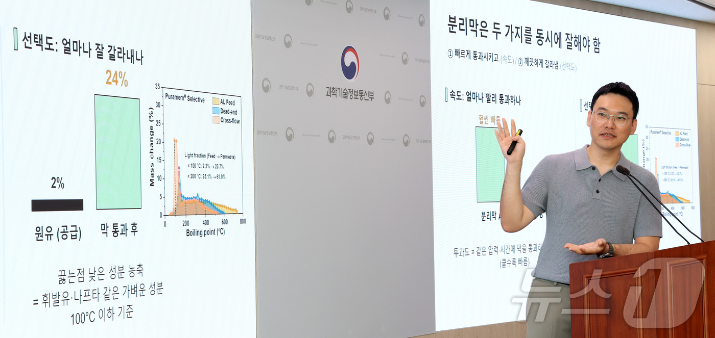 (세종=뉴스1) 김기남 기자 = 고동연 KAIST 생명화학공학과 교수가 지난 22일 세종시 정부세종청사 과학기술정보통신부에서 네이처지에 게재 예정인 원유를 끓이지 않고 상온에서 분 …