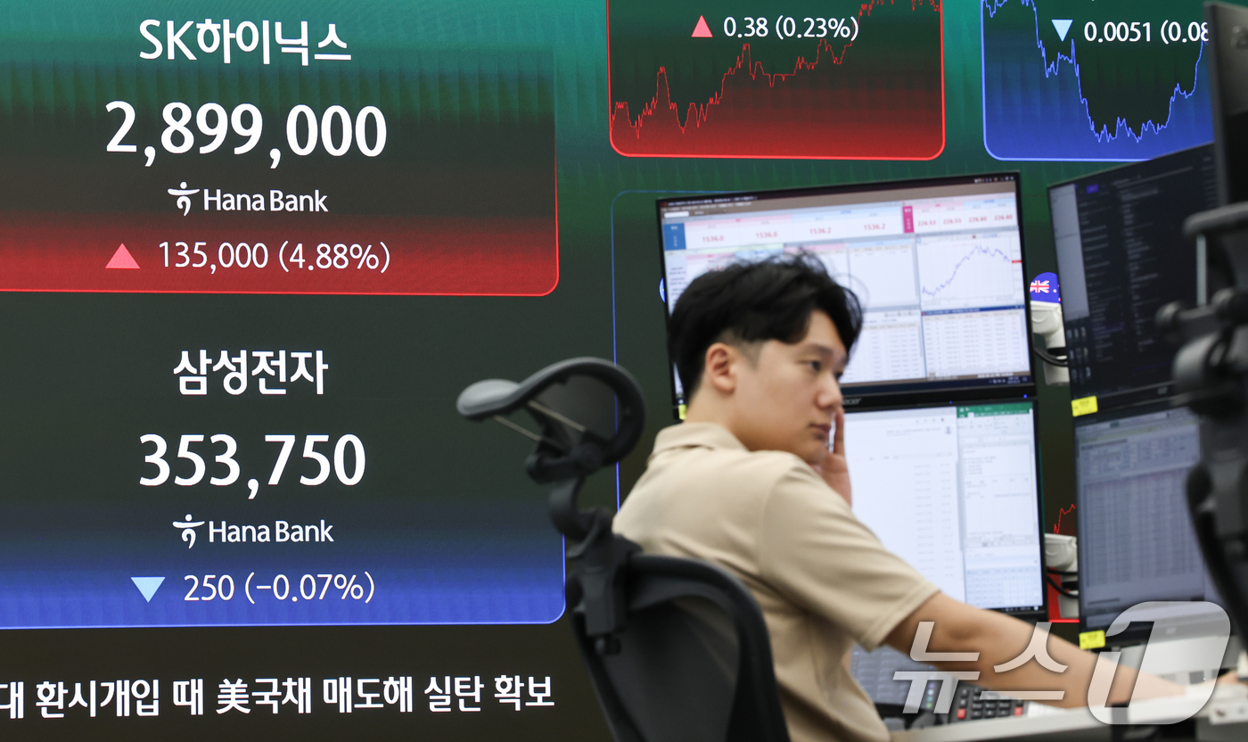 (서울=뉴스1) 최지환 기자 = SK하이닉스가 장중 삼성전자를 제치고 코스피 시가총액 1위에 오른 22일 오후 서울 중구 하나은행 딜링룸에 SK하이닉스 및 삼성전자 시세가 표시되어 …