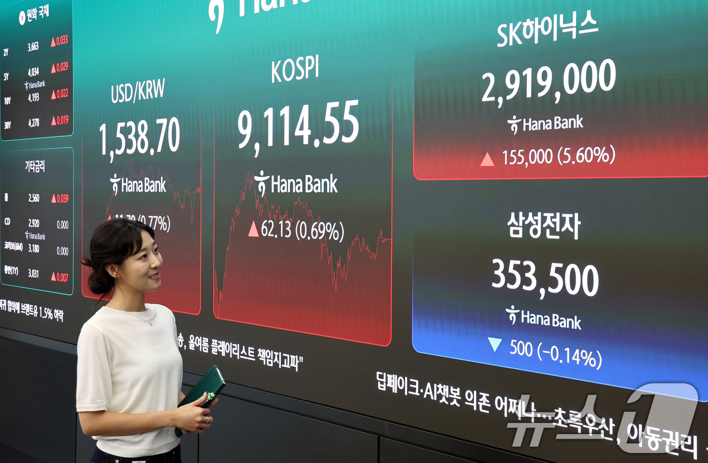 (서울=뉴스1) 최지환 기자 = SK하이닉스가 삼성전자를 제치고 코스피 시가총액 1위로 장을 마친 22일 오후 서울 중구 하나은행 딜링룸에 SK하이닉스 및 삼성전자 시세가 표시되어 …