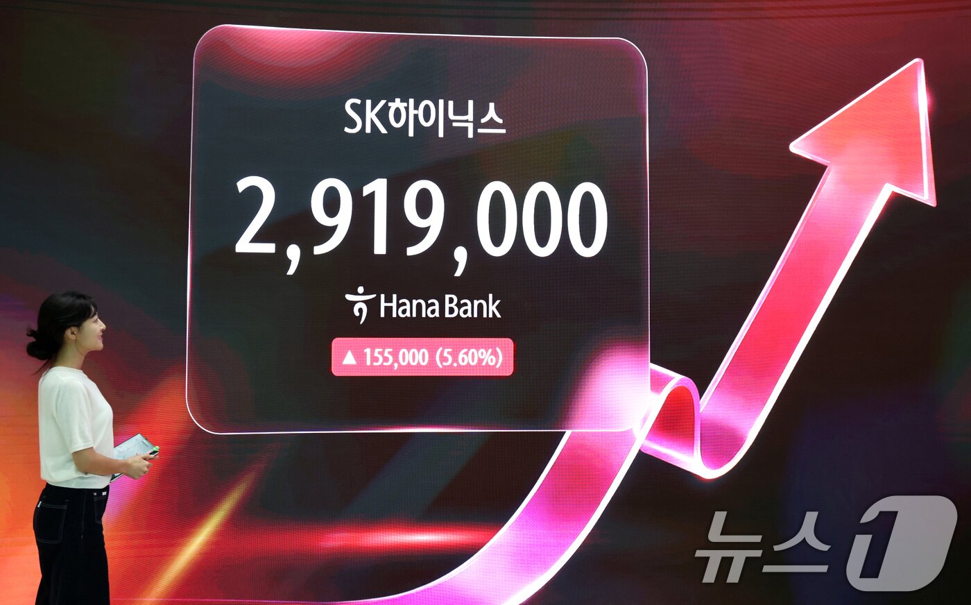 본문 이미지 - SK하이닉스가 삼성전자를 제치고 코스피 시가총액 1위로 장을 마친 22일 오후 서울 중구 하나은행 딜링룸에 SK하이닉스 시세가 표시되어 있다. 이날 코스피는 전 거래일 대비 62.13포인트(0.69%) 오른 9114.55로 마감했다. SK하이닉스는 전 거래일 대비 15만5000원(5.60%) 오른 291만9000원에 정규장을 마치며 삼성전자를 제치고 보통주 기준 코스피 시총 1위로 장을 마쳤다. 2026.6.22 ⓒ 뉴스1 최지환 기자