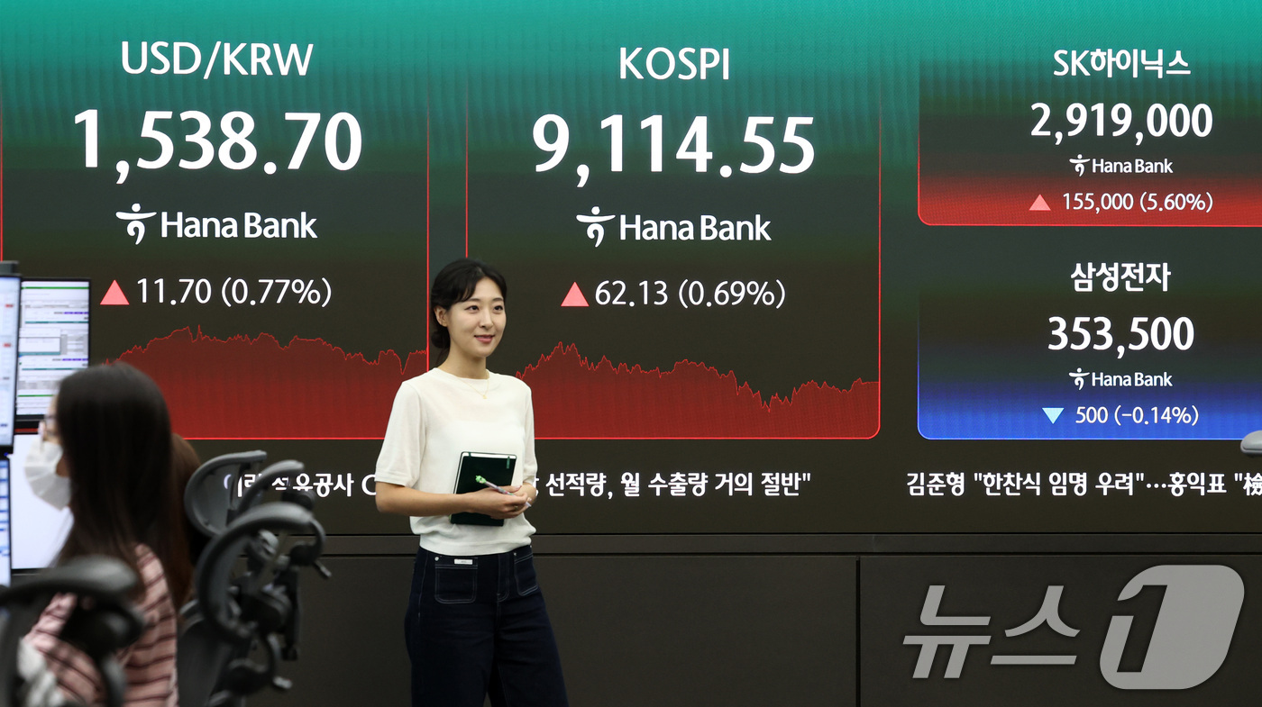 (서울=뉴스1) 최지환 기자 = SK하이닉스가 삼성전자를 제치고 코스피 시가총액 1위로 장을 마친 22일 오후 서울 중구 하나은행 딜링룸에 SK하이닉스 및 삼성전자 시세가 표시되어 …
