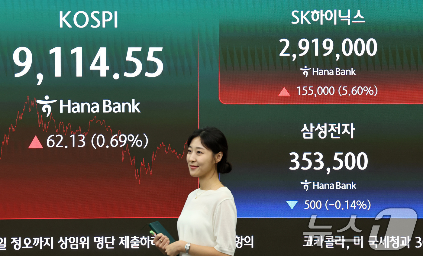 (서울=뉴스1) 최지환 기자 = SK하이닉스가 삼성전자를 제치고 코스피 시가총액 1위로 장을 마친 22일 오후 서울 중구 하나은행 딜링룸에 SK하이닉스 및 삼성전자 시세가 표시되어 …
