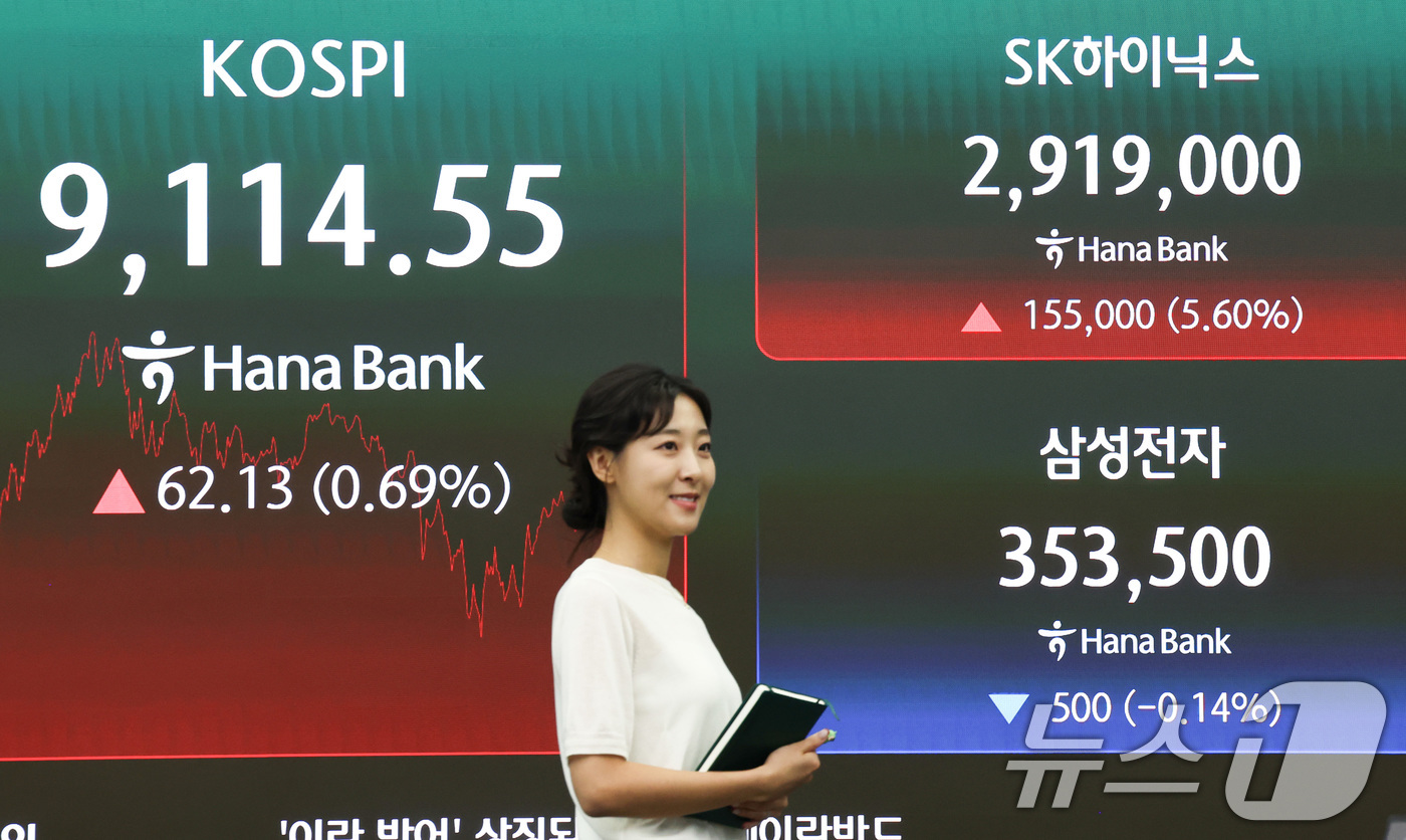 (서울=뉴스1) 최지환 기자 = SK하이닉스가 삼성전자를 제치고 코스피 시가총액 1위로 장을 마친 22일 오후 서울 중구 하나은행 딜링룸에 SK하이닉스 및 삼성전자 시세가 표시되어 …