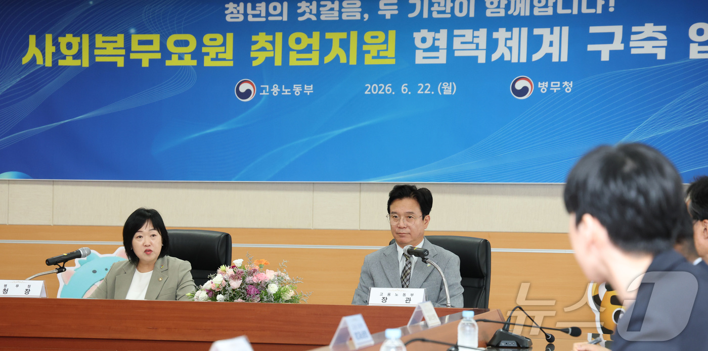(대전=뉴스1) 김기남 기자 = 홍소영 병무청장(왼쪽)이 김영훈 고용노동부장관과 함께 22일 대전시 정부대전청사 병무청에서 열린 사회복무요원 취업지원 협력체계 구축 업무협약에서 …