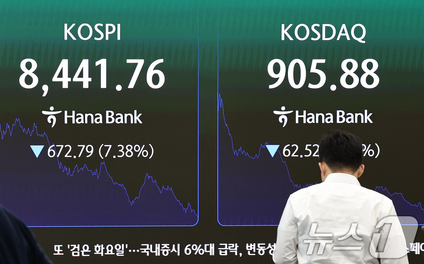 (서울=뉴스1) 구윤성 기자 = 23일 서울 중구 하나은행 본점 딜링룸 전광판에 코스피 등 시황이 나오고 있다. 이날 코스피와 코스닥은 반도체 쏠림 현상에 외국인의 차익실현 매도세 …