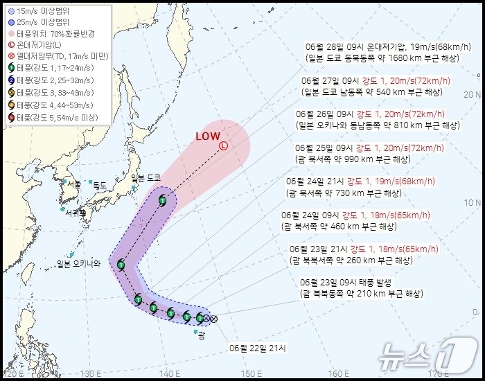 본문 이미지 - 제8호 태풍 '히고스' 예상 이동 경로. (출처=기상청) 2026.6.23./뉴스1
