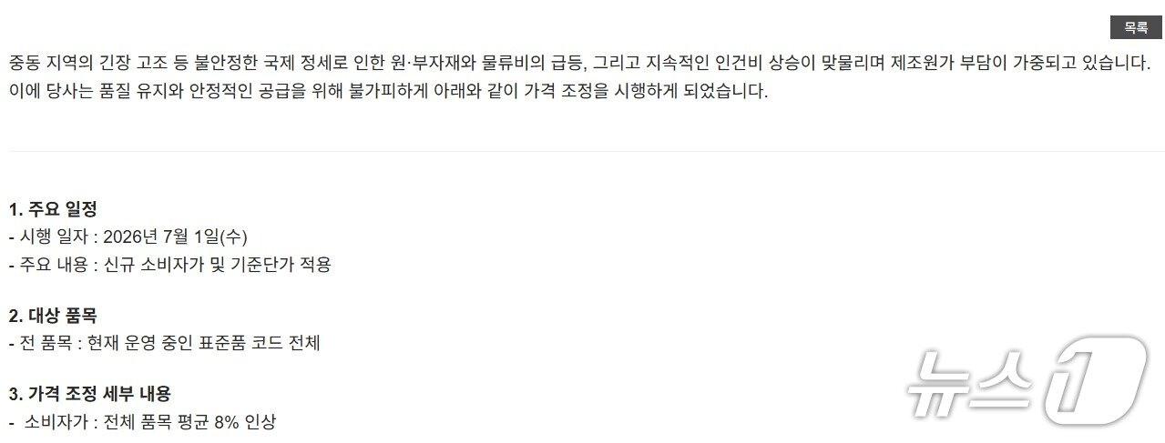 본문 이미지 - 퍼시스 가격 조정 공지 갈무리