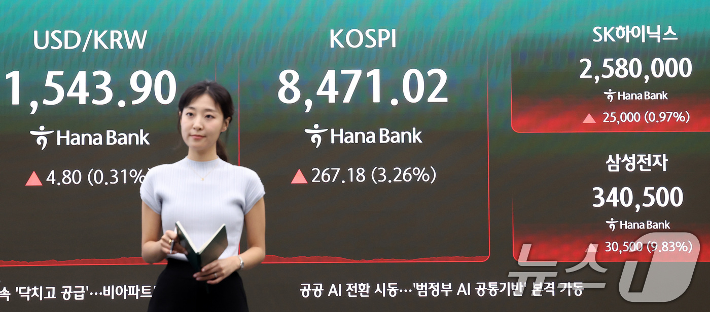 (서울=뉴스1) 김성진 기자 = 삼성전자가 9% 상승한 24일 서울 중구 하나은행 본점 딜링룸 전광판에 종가가 나오고 있다.이날 코스피는 전일 종가와 비교해 267.18포인트(p) …