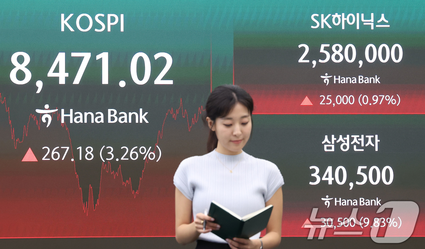 (서울=뉴스1) 김성진 기자 = 삼성전자가 9% 상승한 24일 서울 중구 하나은행 본점 딜링룸 전광판에 종가가 나오고 있다.이날 코스피는 전일 종가와 비교해 267.18포인트(p) …