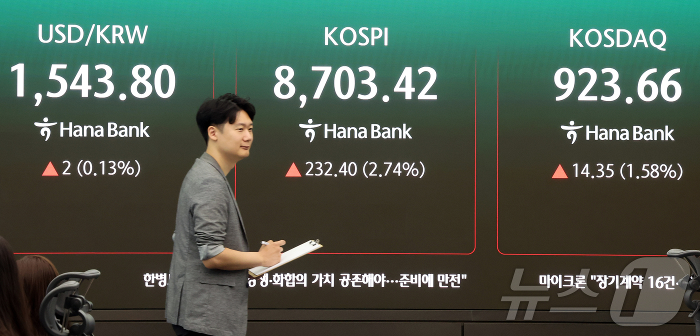 (서울=뉴스1) 김진환 기자 = 25일 서울 중구 하나은행 본점 딜링룸 전광판에 개장 시황이 나오고 있다.이날 코스피는 전일 대비 232.40포인트(p)(2.74%) 오른 8703 …