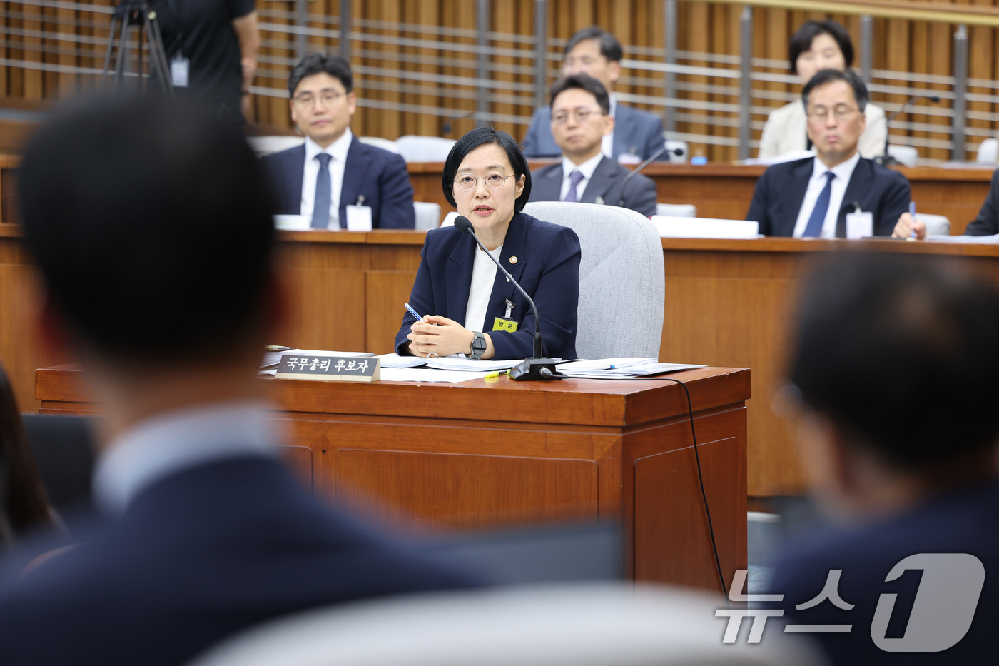 (서울=뉴스1) 신웅수 기자 = 한성숙 국무총리 후보자가 25일 서울 여의도에서 열린 인사청문회에서 의원 질의에 답변하고 있다. 2026.6.25/뉴스1