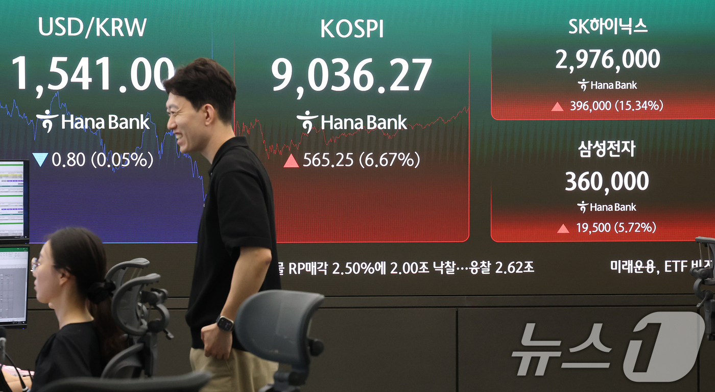 (서울=뉴스1) 오대일 기자 = 코스피가 6%대 급등하며 9000선을 탈환한 25일 서울 중구 하나은행 본점 딜링룸 전광판에 코스피 지수가 표시되고 있다.  2026.6.25/뉴스 …