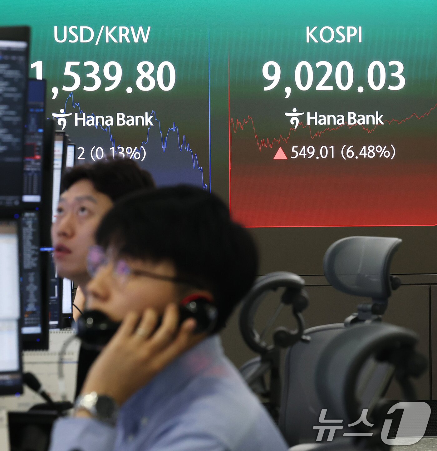 본문 이미지 - 코스피가 6%대 급등하며 9000선을 탈환한 25일 서울 중구 하나은행 본점 딜링룸 전광판에 코스피 지수가 표시되고 있다. 2026.6.25 ⓒ 뉴스1 오대일 기자
