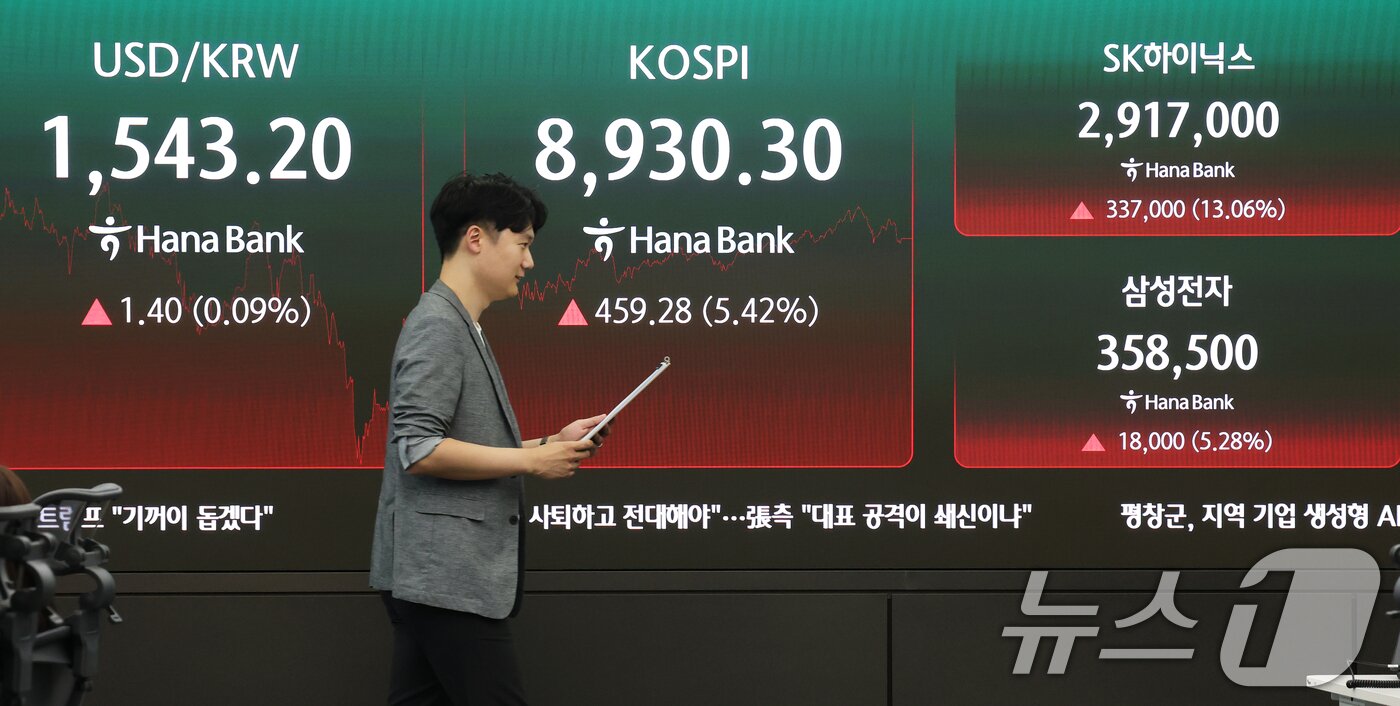 본문 이미지 - 코스피가 5%대 급등 마감한 25일 오후 서울 중구 하나은행 본점 딜링룸 전광판에 코스피 종가와 삼성전자·SK하이닉스 주가가 표시되고 있다. 2026.6.25 ⓒ 뉴스1 오대일 기자