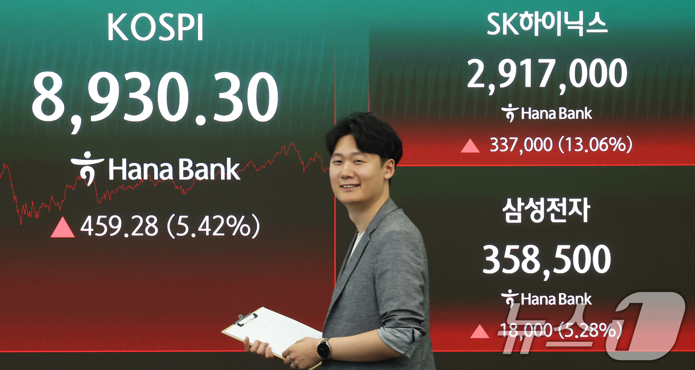 (서울=뉴스1) 오대일 기자 = 코스피가 5%대 급등 마감한 25일 오후 서울 중구 하나은행 본점 딜링룸 전광판에 코스피 종가와 삼성전자·SK하이닉스 주가가 표시되고 있다.이날 코 …