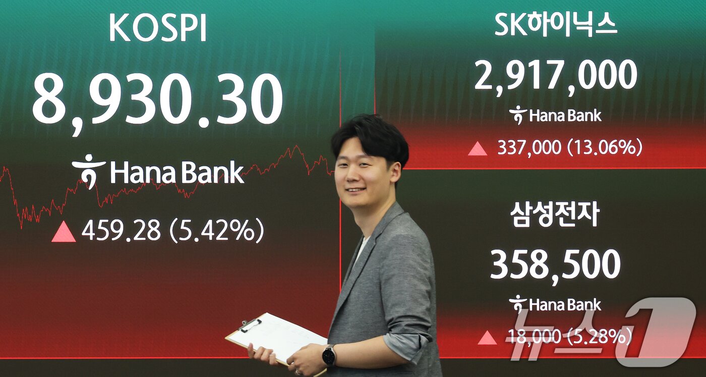 본문 이미지 - 코스피가 5%대 급등 마감한 25일 오후 서울 중구 하나은행 본점 딜링룸 전광판에 코스피 종가와 삼성전자·SK하이닉스 주가가 표시되고 있다.  2026.6.25 ⓒ 뉴스1 오대일 기자