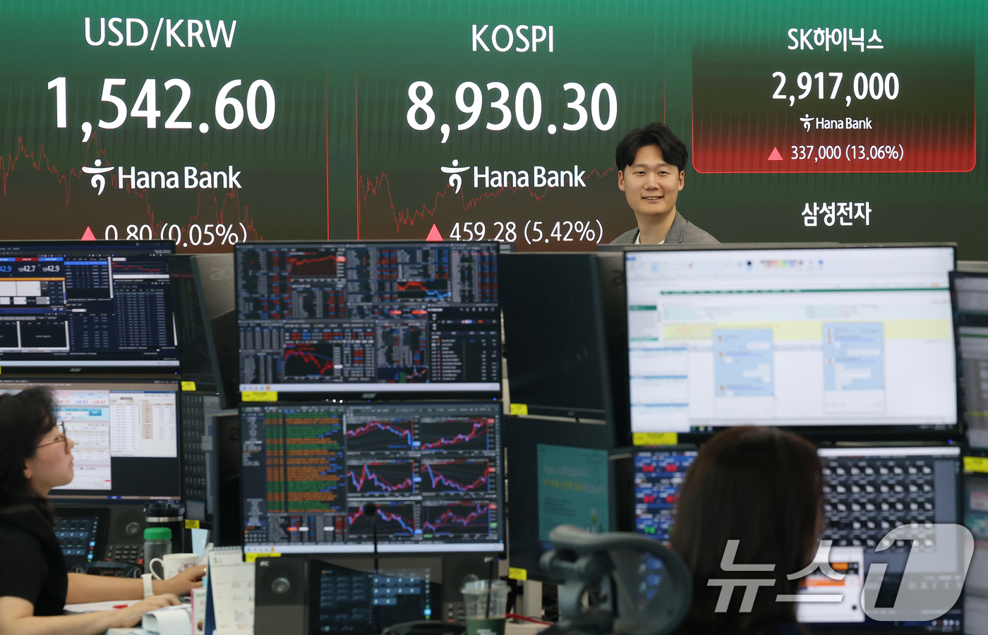 (서울=뉴스1) 오대일 기자 = 코스피가 5%대 급등 마감한 25일 오후 서울 중구 하나은행 본점 딜링룸 전광판에 코스피 종가와 삼성전자·SK하이닉스 주가가 표시되고 있다.이날 코 …