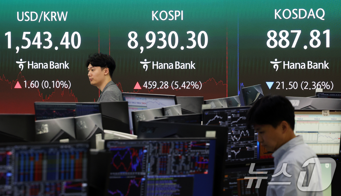 (서울=뉴스1) 오대일 기자 = 코스피가 5%대 급등 마감한 25일 오후 서울 중구 하나은행 본점 딜링룸 전광판에 코스피·코스닥 종가가 표시되고 있다.이날 코스피는 전일 대비 45 …