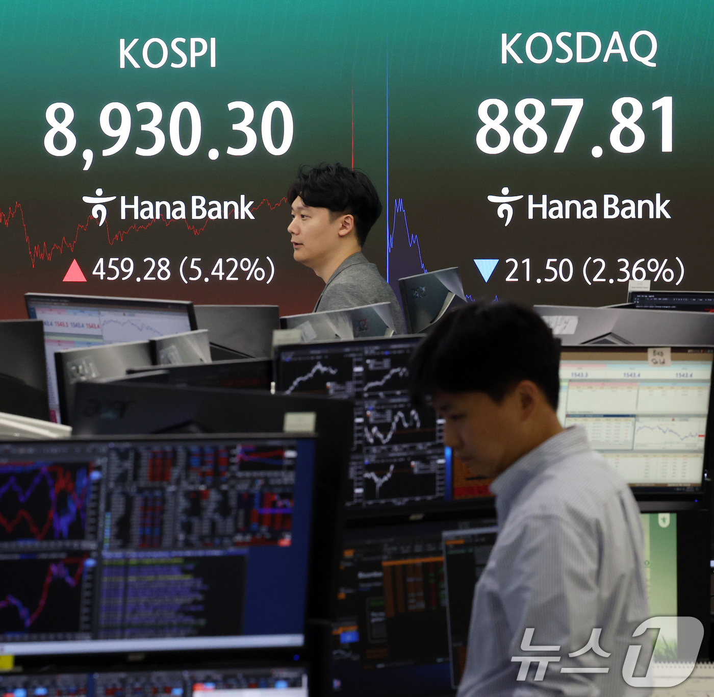 (서울=뉴스1) 오대일 기자 = 코스피가 5%대 급등 마감한 25일 오후 서울 중구 하나은행 본점 딜링룸 전광판에 코스피·코스닥 종가가 표시되고 있다.이날 코스피는 전일 대비 45 …