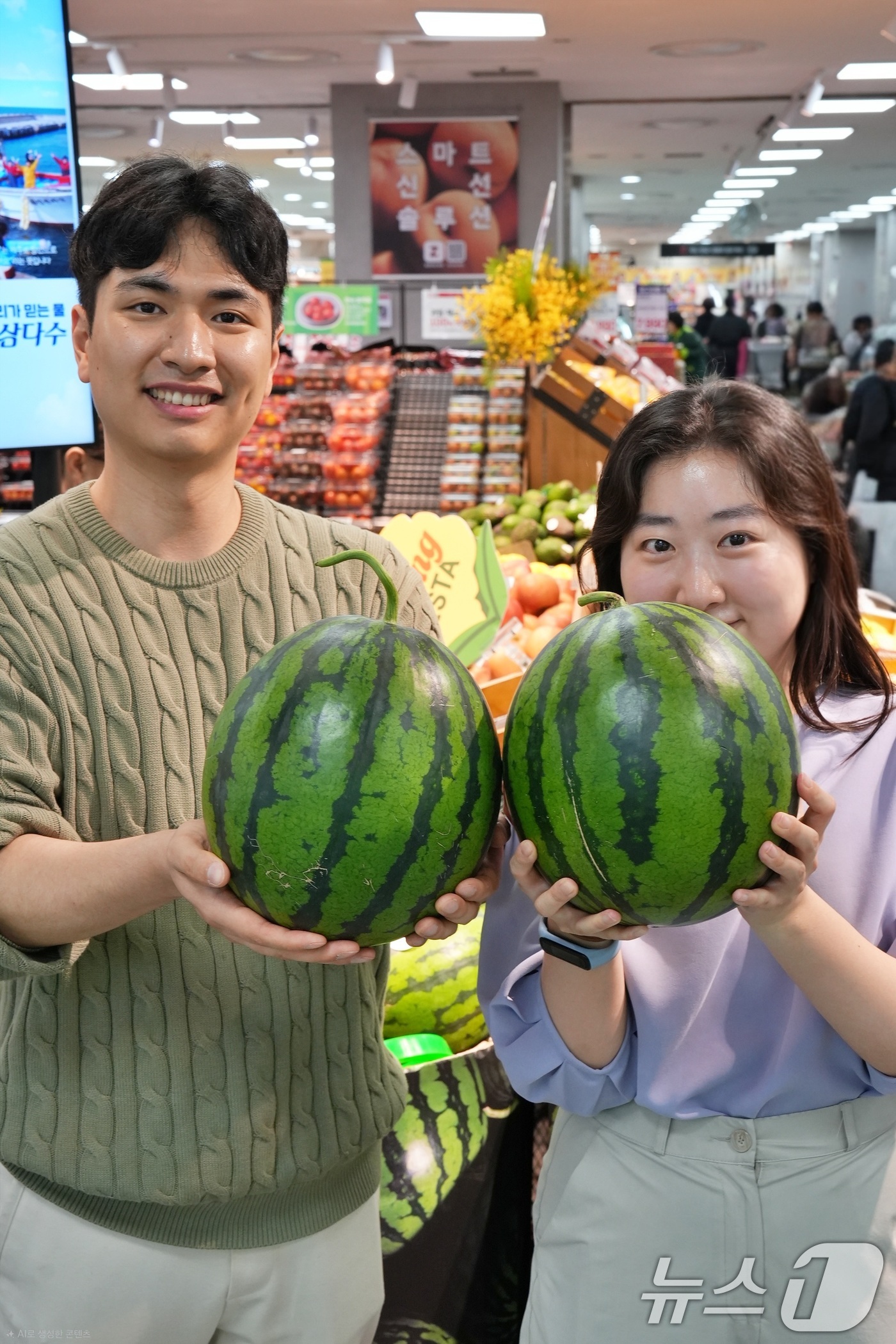 (서울=뉴스1) = 26일 서울 송파구 롯데마트 제타플렉스 잠실점에서 직원들이 수박 할인 행사를 소개하고 있다.롯데마트는 수박 전 품목에 대해 엘포인트 회원 대상으로 30% 할인 …