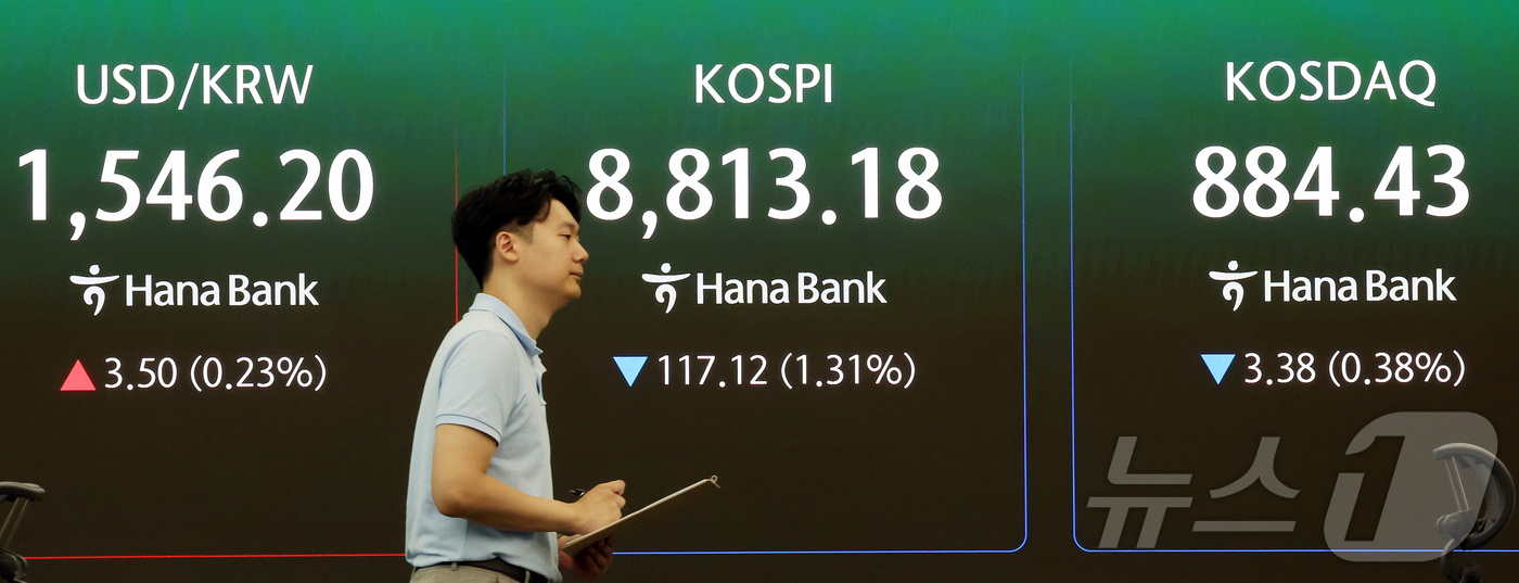 (서울=뉴스1) 김진환 기자 = 26일 서울 중구 하나은행 본점 딜링룸 전광판에 개장 시황이 나오고 있다.이날 코스피는 전일 대비 117.12포인트(p)(1.31%) 내린 8813 …