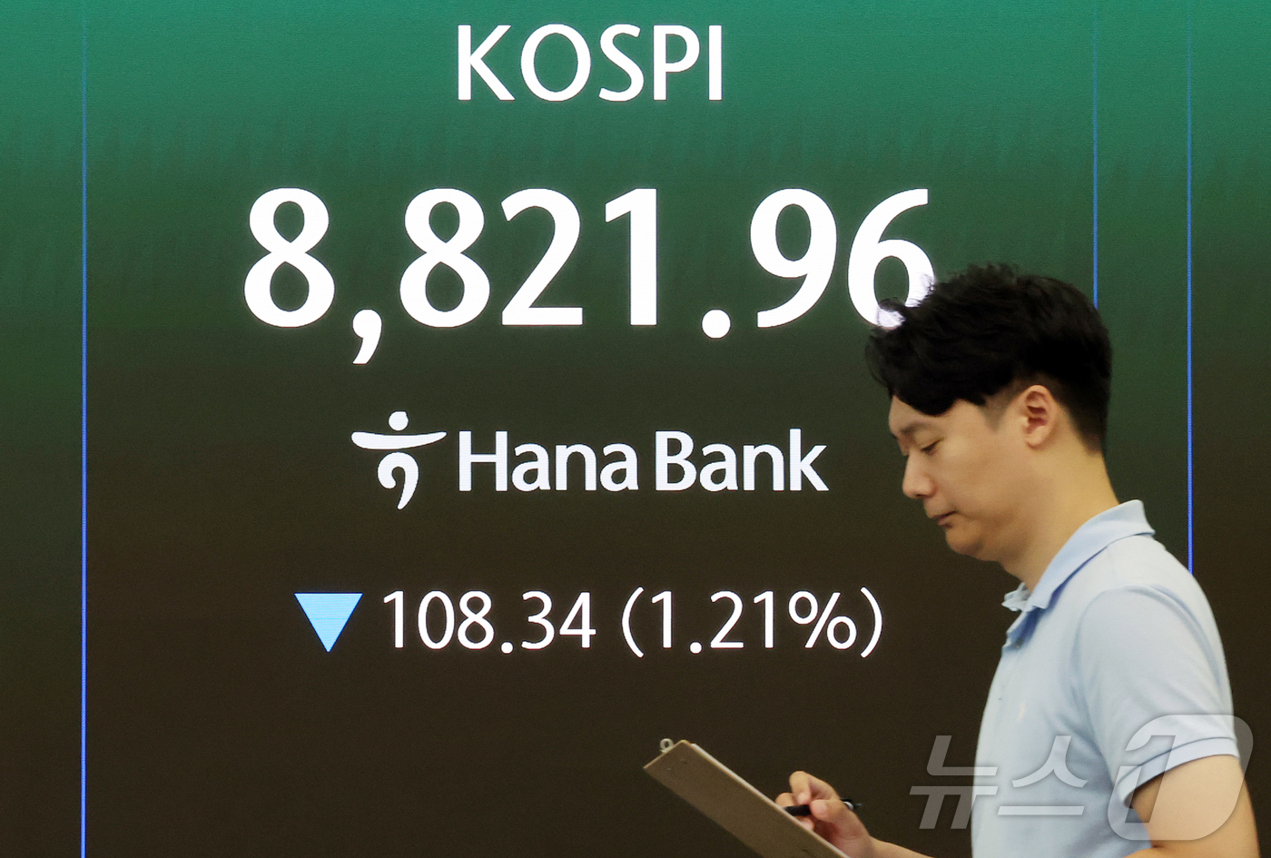 (서울=뉴스1) 김진환 기자 = 26일 서울 중구 하나은행 본점 딜링룸 전광판에 개장 시황이 나오고 있다.이날 코스피는 전일 대비 108.34포인트(p)(1.21%) 내린 8821 …