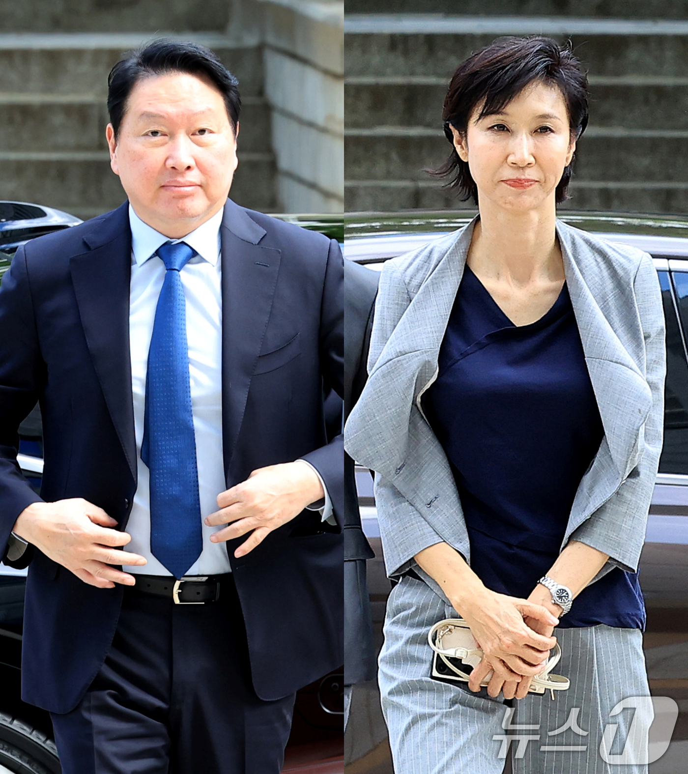 (서울=뉴스1) 이호윤 기자 = 최태원 SK그룹 회장(왼쪽)과 노소영 아트센터 나비 관장이 26일 서울 서초구 서울고등법원에서 열린 파기환송심 2차 변론에 출석하고 있다. 2026 …