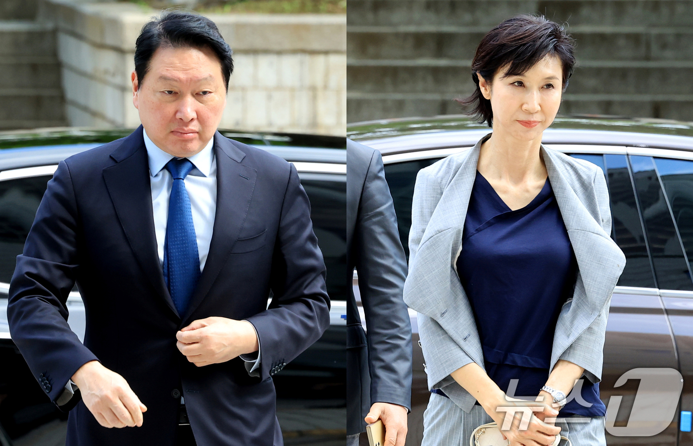 (서울=뉴스1) 이호윤 기자 = 최태원 SK그룹 회장(왼쪽)과 노소영 아트센터 나비 관장이 26일 서울 서초구 서울고등법원에서 열린 파기환송심 2차 변론에 출석하고 있다. 2026 …