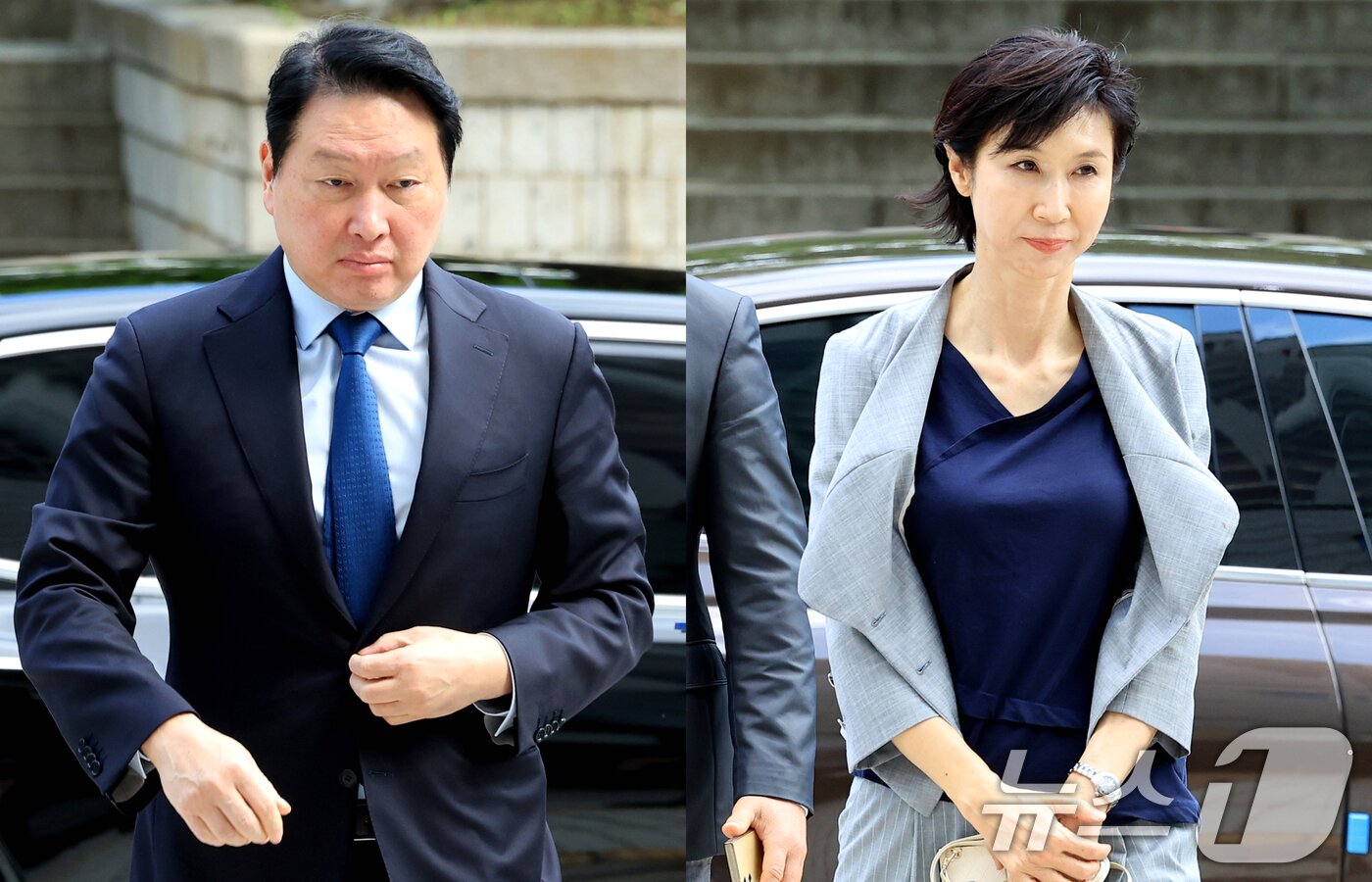 본문 이미지 - 최태원 SK그룹 회장(왼쪽)과 노소영 아트센터 나비 관장이 26일 서울 서초구 서울고등법원에서 열린 파기환송심 2차 변론에 출석하고 있다. 2026.6.26 ⓒ 뉴스1 이호윤 기자