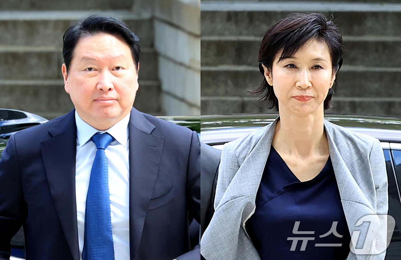 (서울=뉴스1) 이호윤 기자 = 최태원 SK그룹 회장(왼쪽)과 노소영 아트센터 나비 관장이 26일 서울 서초구 서울고등법원에서 열린 파기환송심 2차 변론에 출석하고 있다. 2026 …