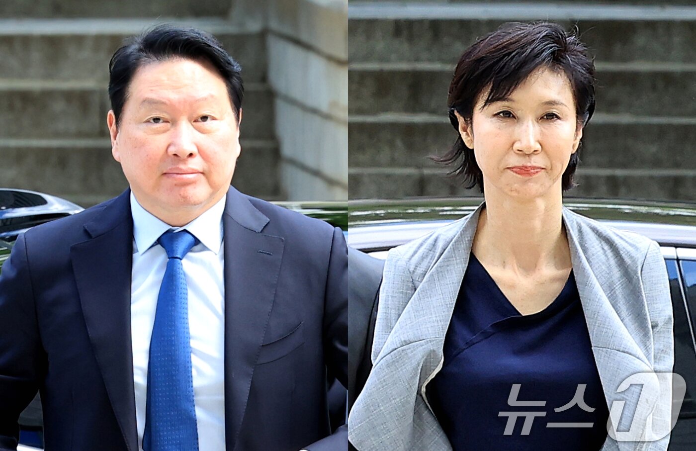 본문 이미지 - 최태원 SK그룹 회장(왼쪽)과 노소영 아트센터 나비 관장이 지난달 26일 서울 서초구 서울고등법원에서 열린 파기환송심 2차 변론에 출석하고 있다. 2026.6.26 ⓒ 뉴스1 이호윤 기자