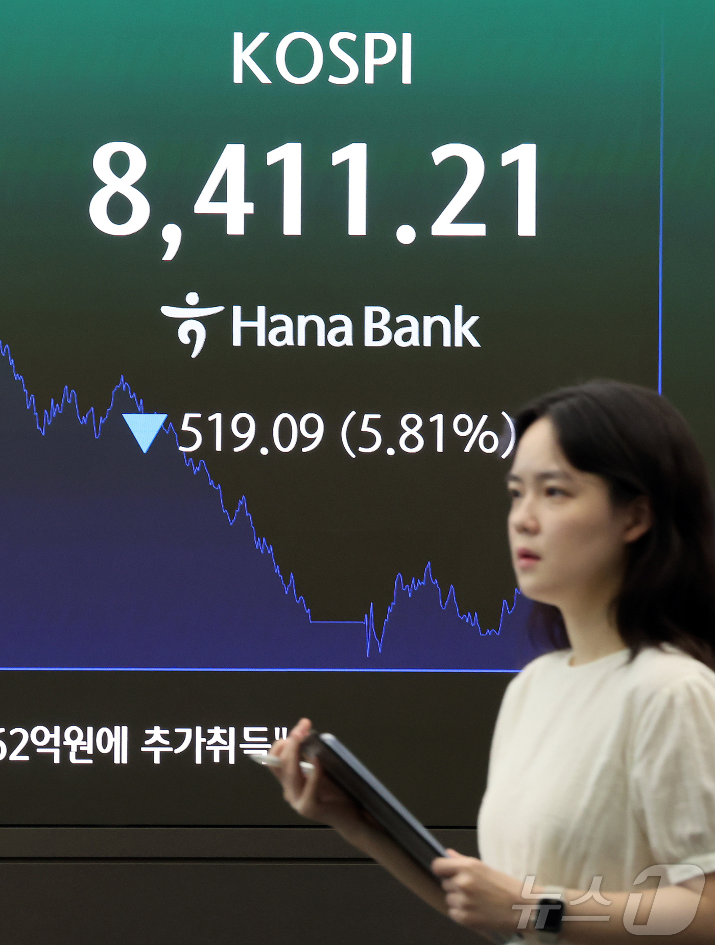(서울=뉴스1) 김진환 기자 = 26일 오후 서울 중구 하나은행 본점 딜링룸에 코스피 종가가 나오고 있다.이날 코스피는 전일 종가와 비교해 519.09포인트(5.81%) 하락한 8 …