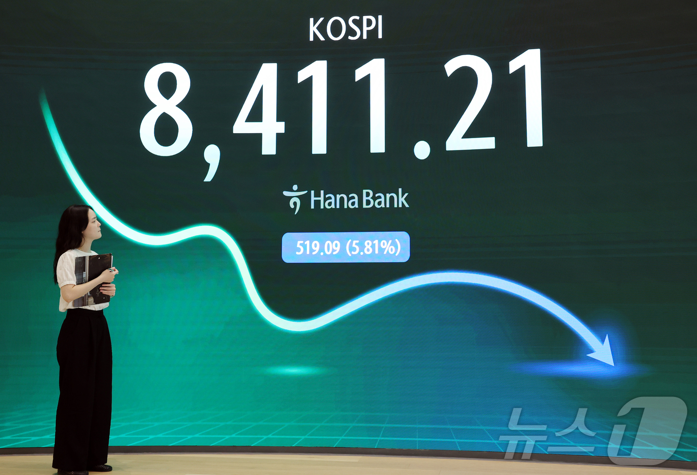 (서울=뉴스1) 김진환 기자 = 26일 오후 서울 중구 하나은행 본점 딜링룸에 종가가 나오고 있다.이날 코스피는 전일 종가와 비교해 519.09포인트(5.81%) 하락한 8411. …