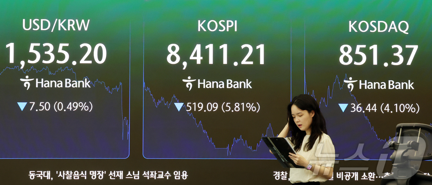 (서울=뉴스1) 김진환 기자 = 26일 오후 서울 중구 하나은행 본점 딜링룸에 종가가 나오고 있다. 이날 코스피는 전일 종가와 비교해 519.09포인트(5.81%) 하락한 8411 …