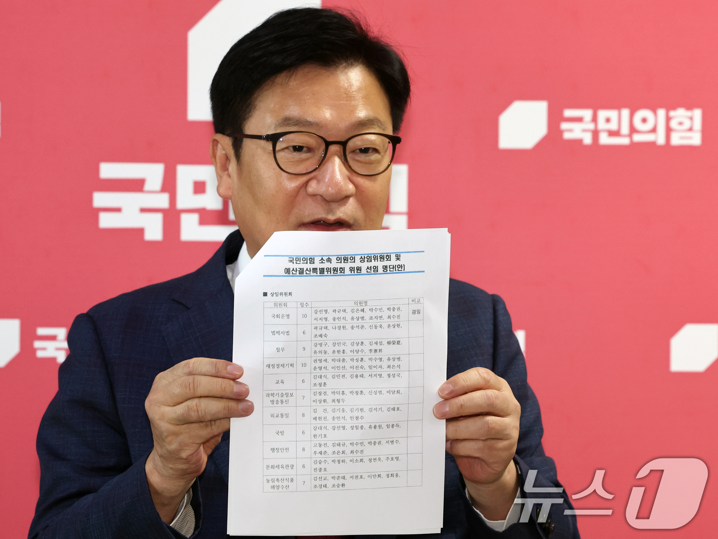 (서울=뉴스1) 황기선 기자 = 정점식 국민의힘 원내대표가 26일 오후 서울 여의도 국회에서 조정식 국회의장이 보낸 상임위원회 및 예결위 위원 선임 명단 공문을 공개하고 있다. 2 …