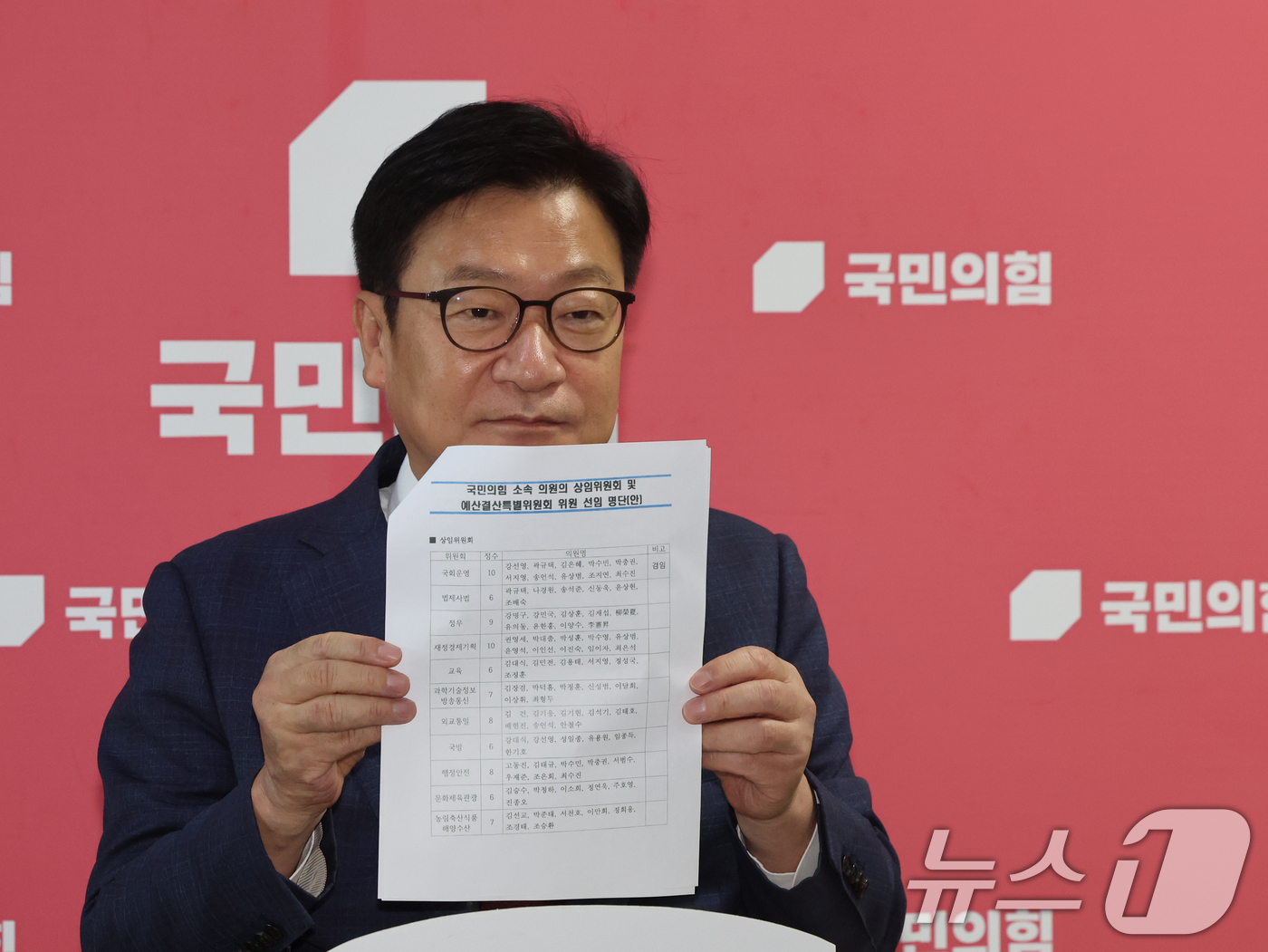 (서울=뉴스1) 황기선 기자 = 정점식 국민의힘 원내대표가 26일 오후 서울 여의도 국회에서 조정식 국회의장이 보낸 상임위원회 및 예결위 위원 선임 명단 공문을 공개하고 있다. 2 …