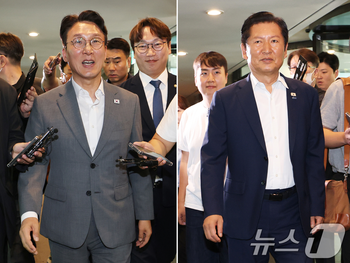(경기 광주=뉴스1) 오대일 기자 = 김민석 국무총리(왼쪽)와 정청래 더불어민주당 전 대표가 28일 오후 경기 광주 곤지암리조트에서 열린 민주당 청년 당선인 워크숍에 나란히 참석하 …