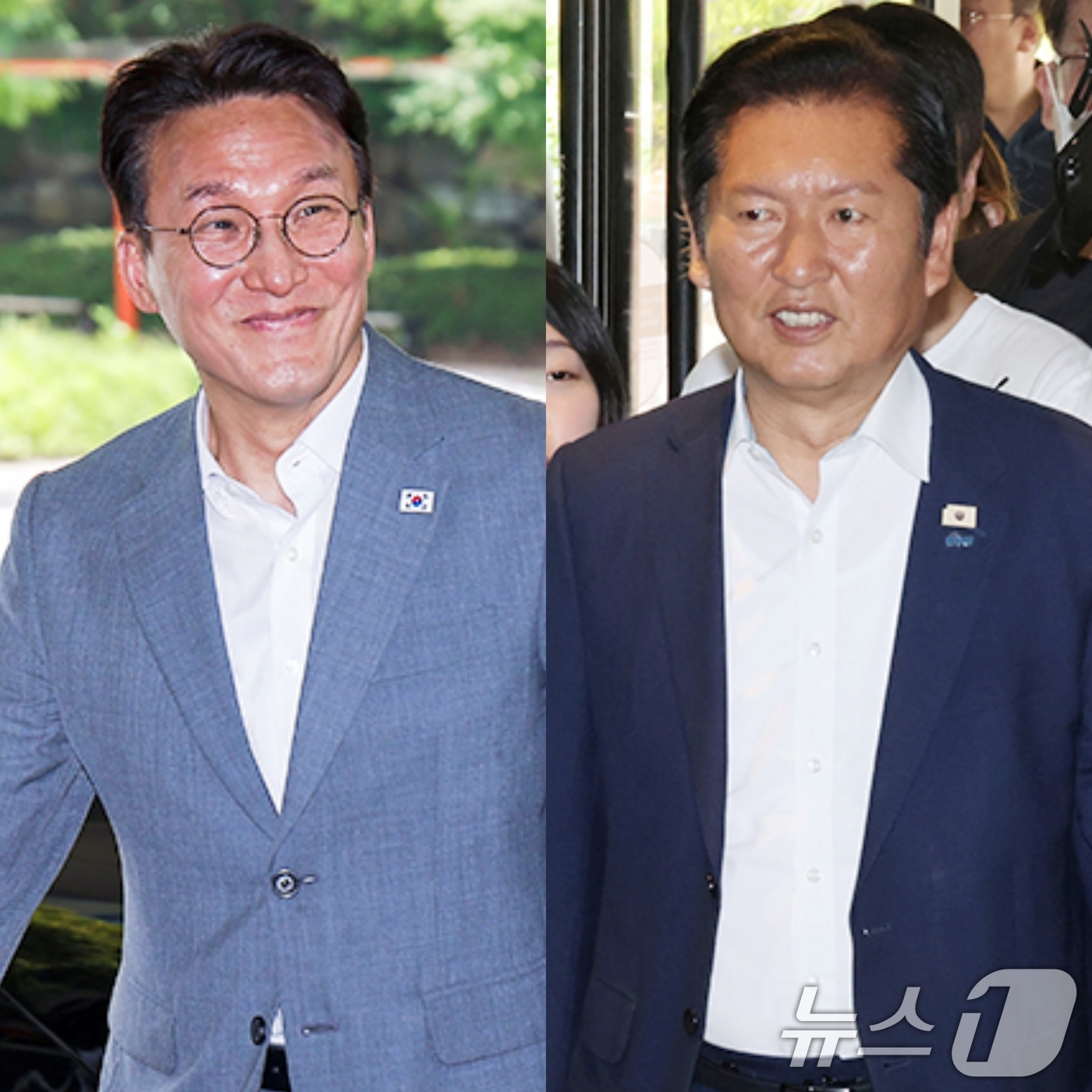 (경기 광주=뉴스1) 오대일 기자 = 김민석 국무총리(왼쪽)와 정청래 더불어민주당 전 대표가 28일 오후 경기 광주 곤지암리조트에서 열린 민주당 청년 당선인 워크숍에 나란히 참석하 …